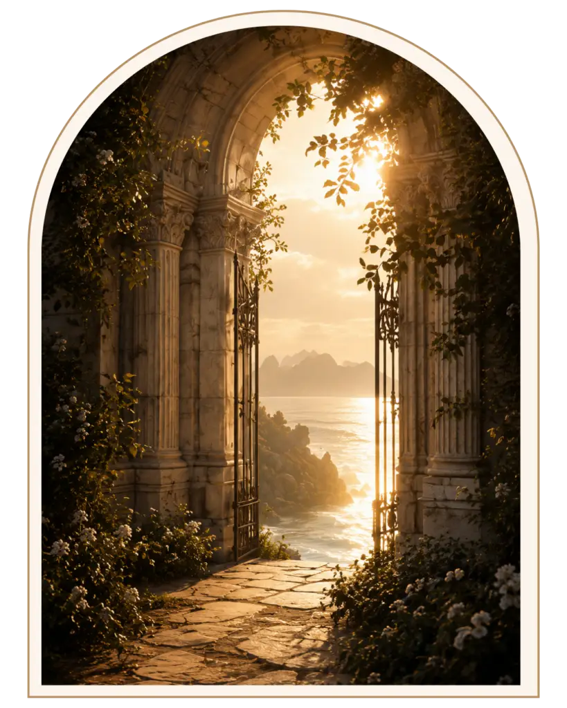 Arche baroque ouverte sur un paysage marin lumineux, utilisée pour illustrer le service d’identité visuelle Origine.