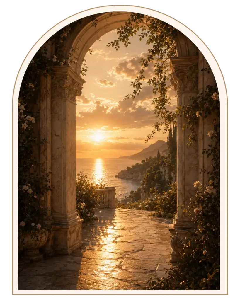 Illustration décorative représentant une arche ouverte sur un paysage lumineux au coucher du soleil, associée à l’univers de la mascotte Pablo.