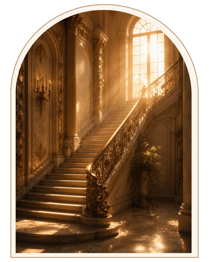 Illustration décorative représentant un grand escalier baroque baigné de lumière dorée, associée à l’univers de la mascotte Frida.
