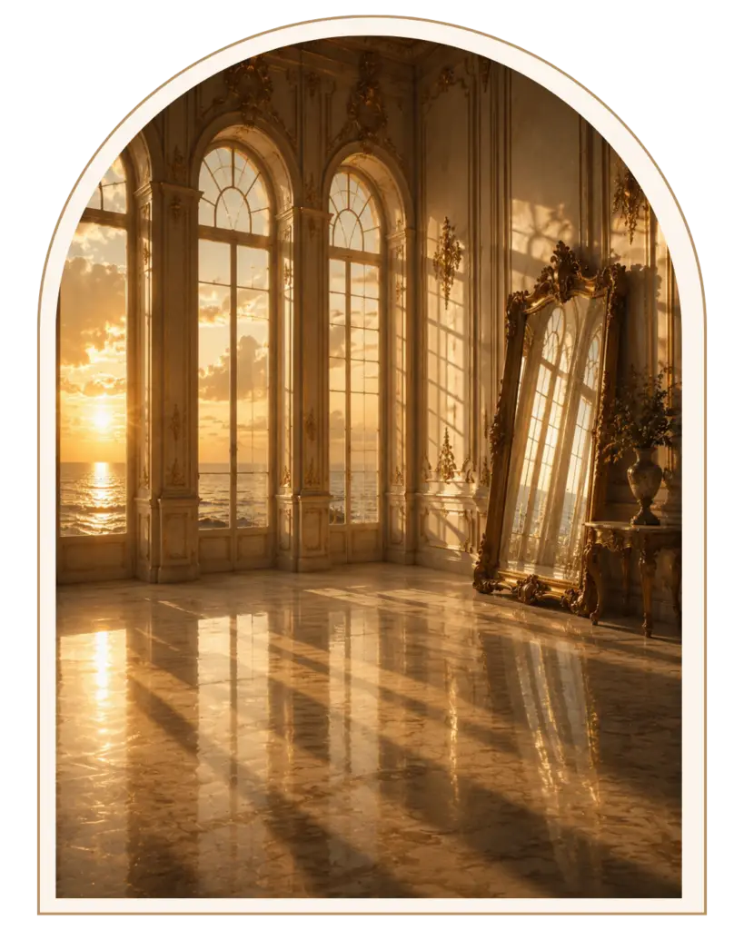 Salon baroque lumineux avec grandes fenêtres ouvertes sur la mer, associé à l’univers visuel de la mascotte Salvador.
