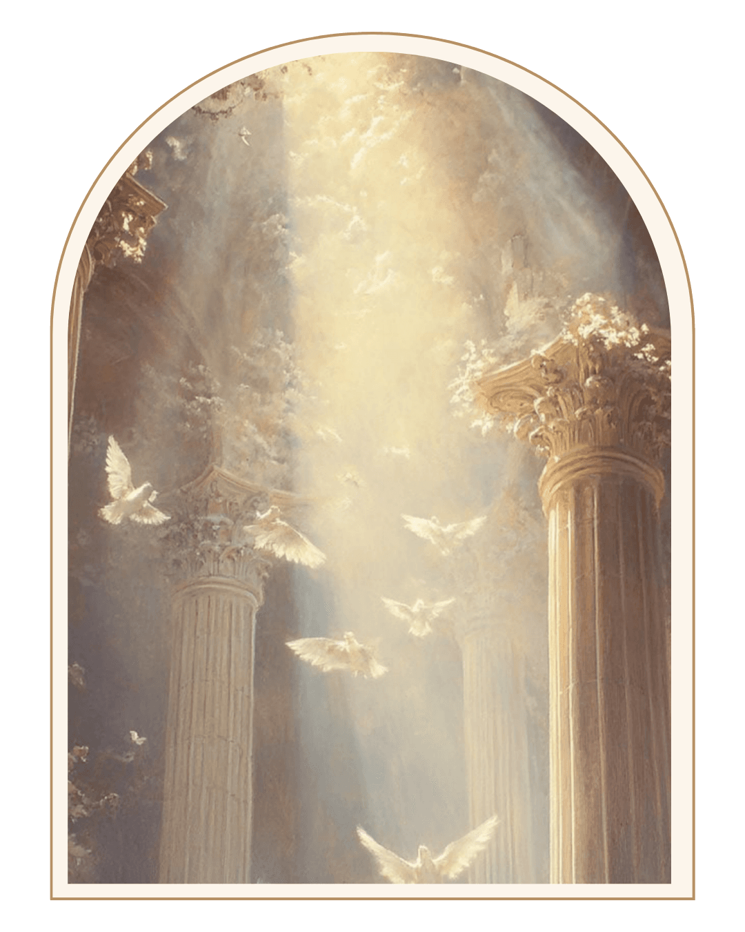 Arche lumineuse avec colonnes et oiseaux, utilisée pour illustrer le service d’identité visuelle.