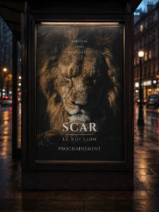 Affiche publicitaire sombre mettant en scène un lion pour le projet fictif Scar, le Roi Lion