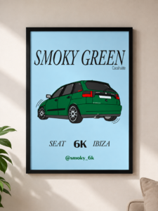Affiche automobile personnalisée d’une Seat Ibiza verte Smoky Green