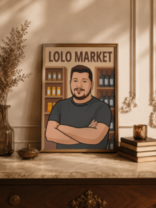 Portrait illustré personnalisé d’un homme devant les étagères de Lolo Market
