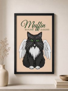 Illustration personnalisée en hommage à Muffin, chat noir et blanc avec des ailes d’ange