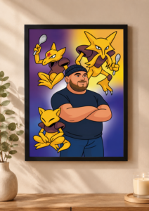 Portrait illustré personnalisé d’un homme entouré de Pokémon de la famille Abra