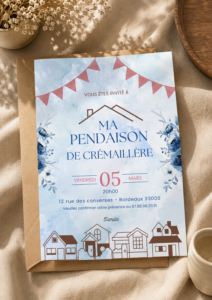 Invitation personnalisée pour une pendaison de crémaillère aux tons bleu et terracotta