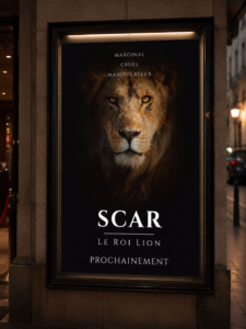 Affiche cinématographique sombre représentant un lion pour le projet Scar