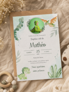 Faire-part de baptême personnalisé sur le thème des dinosaures pour Mathéo