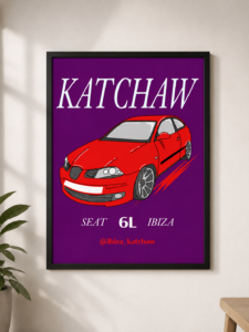 Illustration personnalisée d’une Seat Ibiza rouge sur une affiche violette