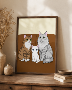 Illustration personnalisée de trois chats réunis dans un portrait encadré