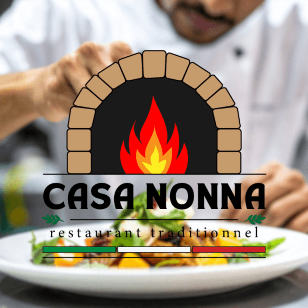 Logo Casa Nonna avec four traditionnel et flamme, présenté sur une scène de cuisine avec un chef dressant une assiette.
