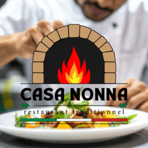 Logo Casa Nonna avec four traditionnel et flamme, présenté sur une scène de cuisine avec un chef dressant une assiette.