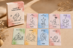 Oracle de l'enfant intérieur avec coffret et cartes illustrées.
