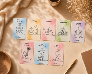 Cartes illustrées de l’Oracle de l’enfant intérieur disposées sur une table