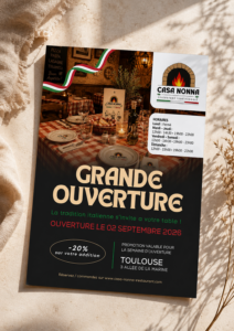 Flyer annonçant la grande ouverture du restaurant italien Casa Nonna à Toulouse