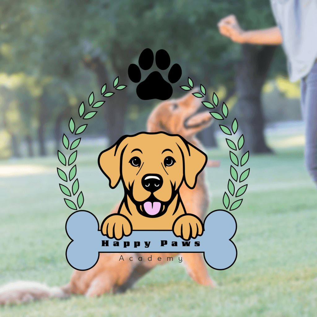 Logo Happy Paws Academy présenté devant un chien en séance d’éducation canine en extérieur.
