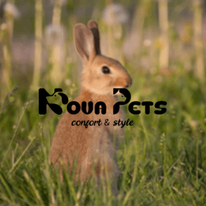 Logo Nova Pets avec silhouettes de chien et chat présenté devant un lapin dans la nature