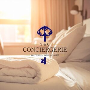 Déclinaison du logo S&C Conciergerie sur une image de lit d'hotel.