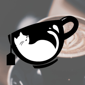 Logo représentant un chat blanc endormi dans une tasse noire avec sachet de thé.