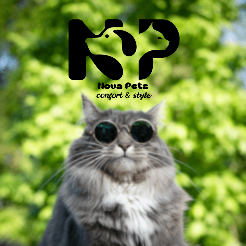 Logo Nova Pets présenté au-dessus d’un chat gris portant des lunettes rondes.