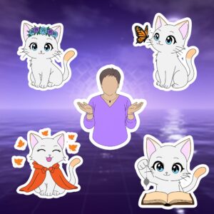 Mascotte illustrée créée pour Annie Tout Simplement, professionnelle du domaine spirituel, avec plusieurs déclinaisons représentant la cartomancie, les conseils et l'accompagnement.