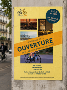 Affiche annonçant l’ouverture de la boutique de vélos Modulo à Lyon