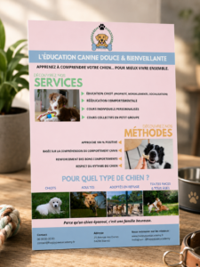 Flyer présentant des services d’éducation canine douce et bienveillante