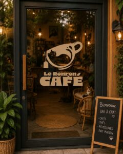 Entrée du Ronron Café avec logo sur la vitrine et panneau de bienvenue