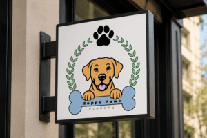 Enseigne Happy Paws Academy avec logo représentant un chien et une empreinte de patte.