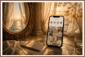 Mise en scène d’un smartphone présentant un univers visuel harmonieux, illustrant le service de création digitale.
