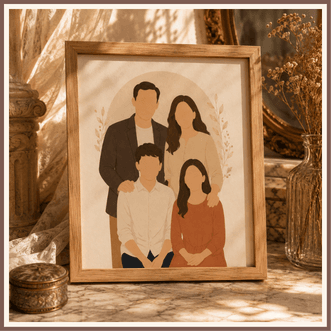 Illustration de portrait de famille simplifié dans un cadre, présentée comme exemple du service d’illustration portrait simplifié.