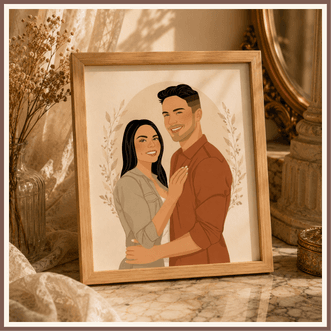 Illustration de couple détaillée dans un cadre, présentée comme exemple du service d’illustration portrait détaillé.