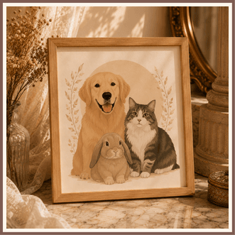 Illustration animalière encadrée représentant un chien, un lapin et un chat, présentée comme exemple du service de portrait animalier.